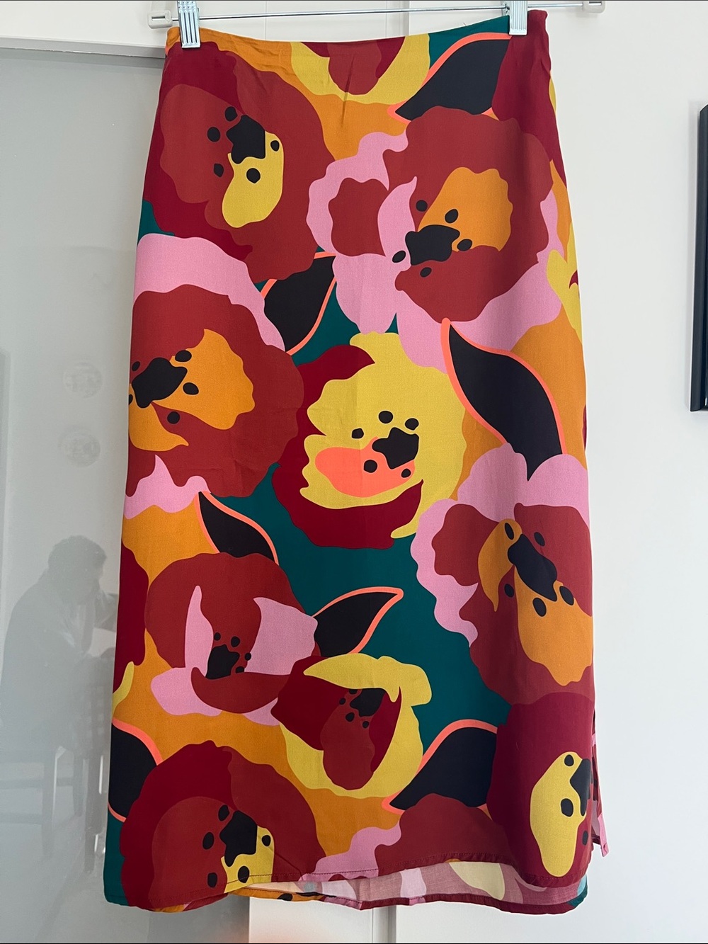 Marine Layer Bold Floral Midi Skirt in Teal, Red, Pink & Mustard